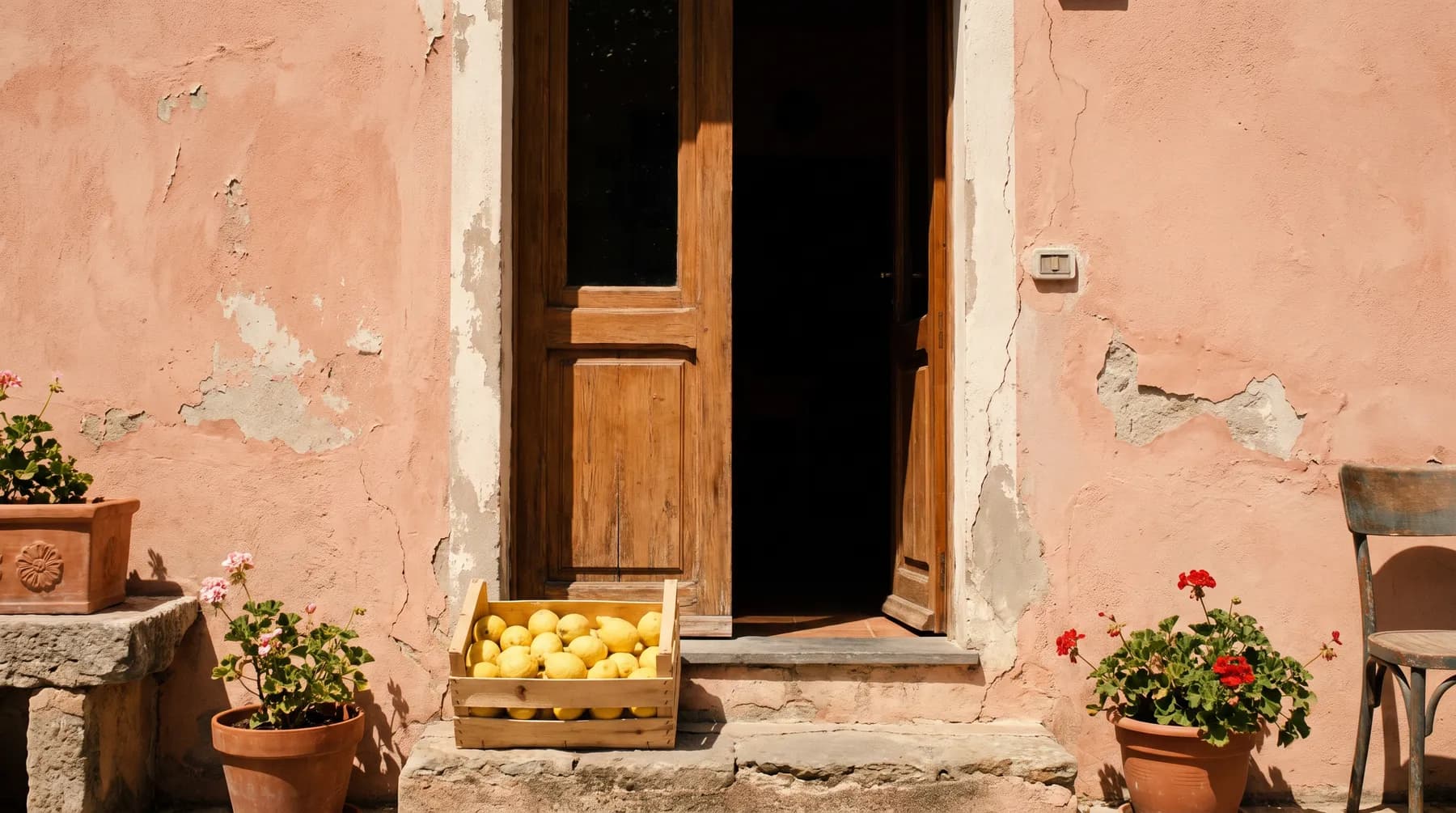The kitchen door of Casa Vento standing open at midday, a crate of lemons on the step