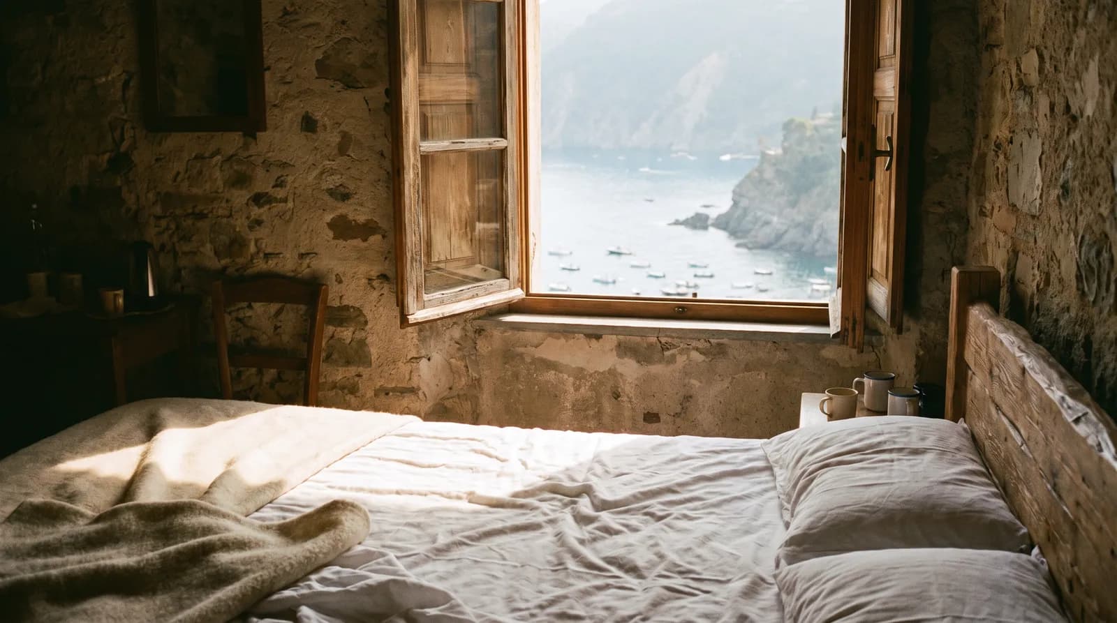 Morning light striking the foot of a wooden bed through an open shutter, sea in the window