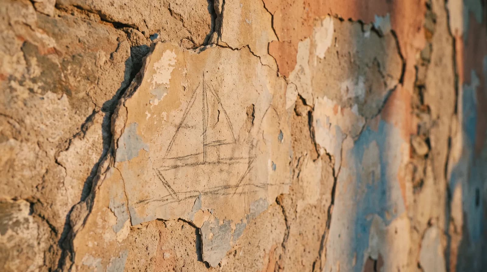 Cracked plaster with a faint pencil boat drawn on it, warm side light