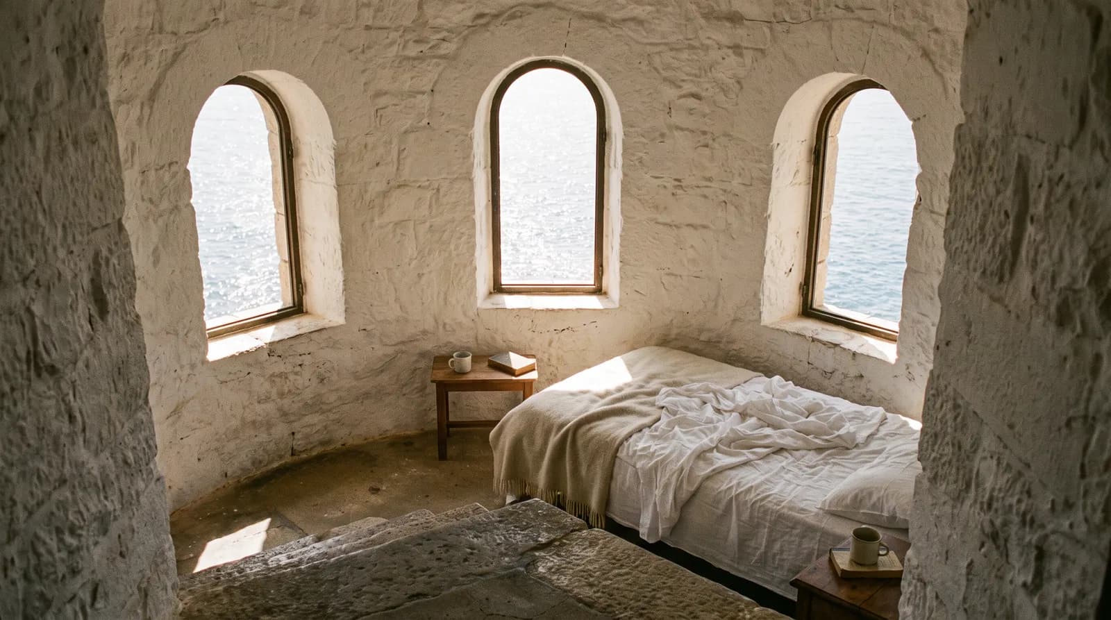 The round watchtower room from the stair landing, three bright windows, sea on all sides