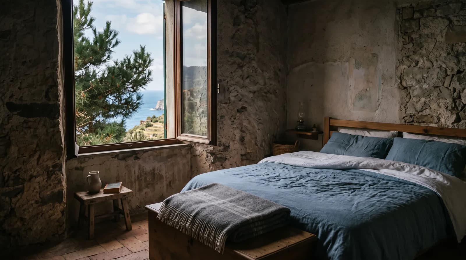 A dim cool room, pine branches at the window, a wool blanket folded at the foot of the bed