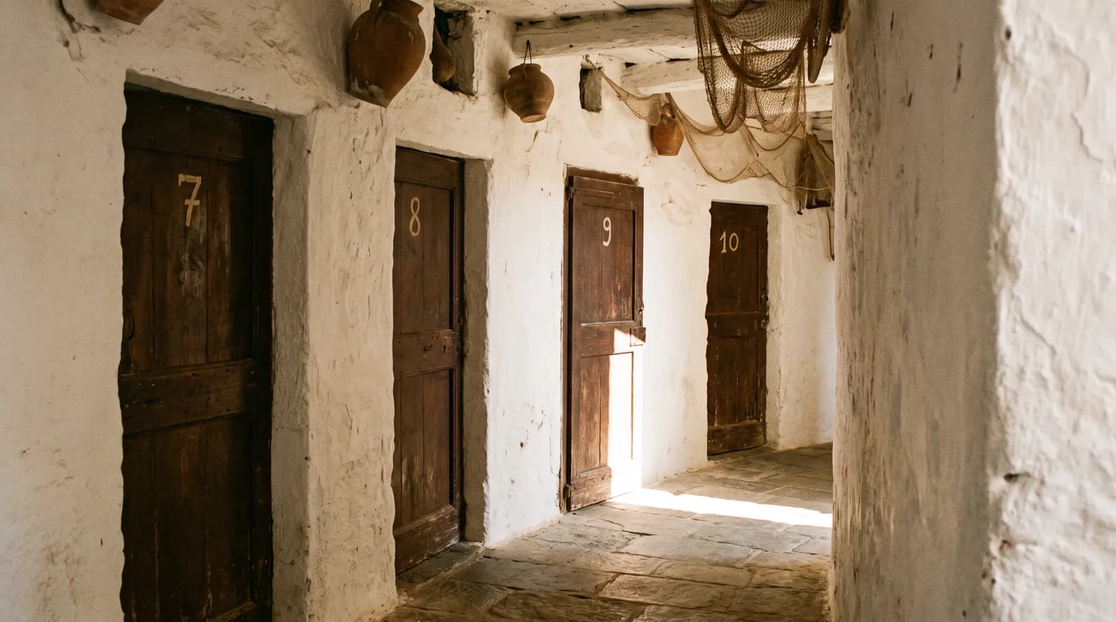 A corridor of four numbered doors, uneven whitewash, one door ajar with a stripe of sea light on the floor