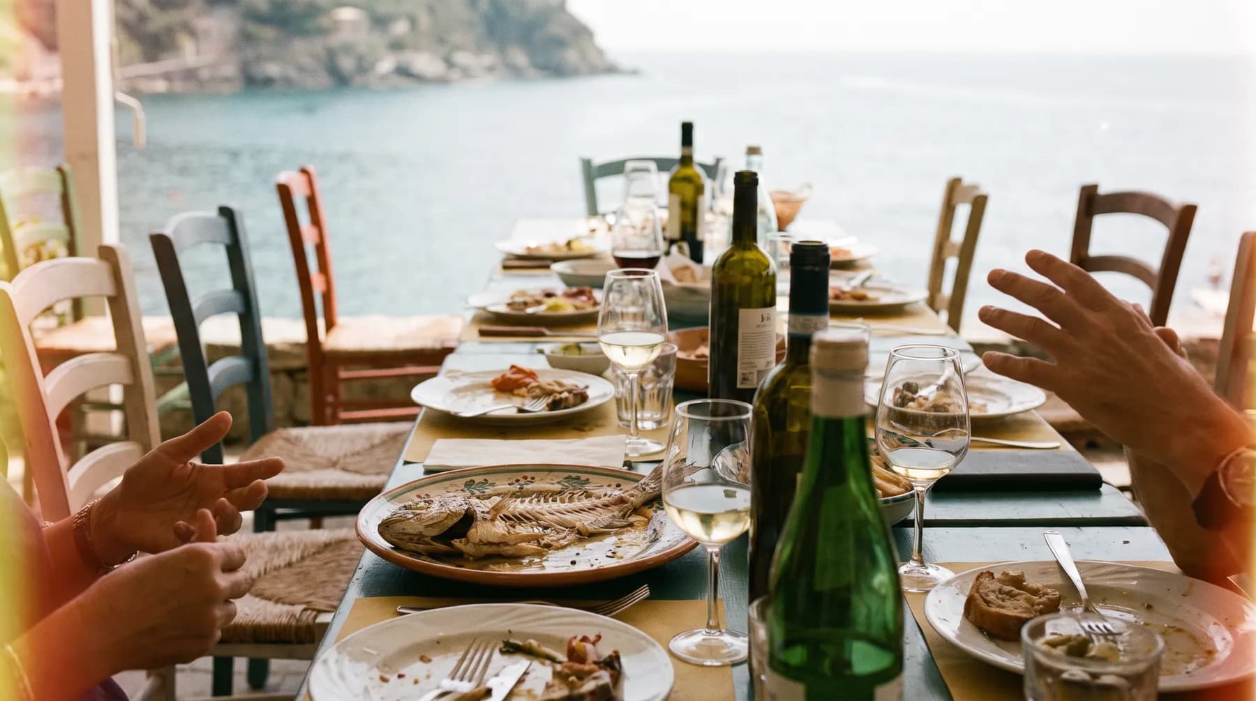 The long terrace table mid-lunch, mismatched chairs, hands mid-gesture, sea out of focus behind